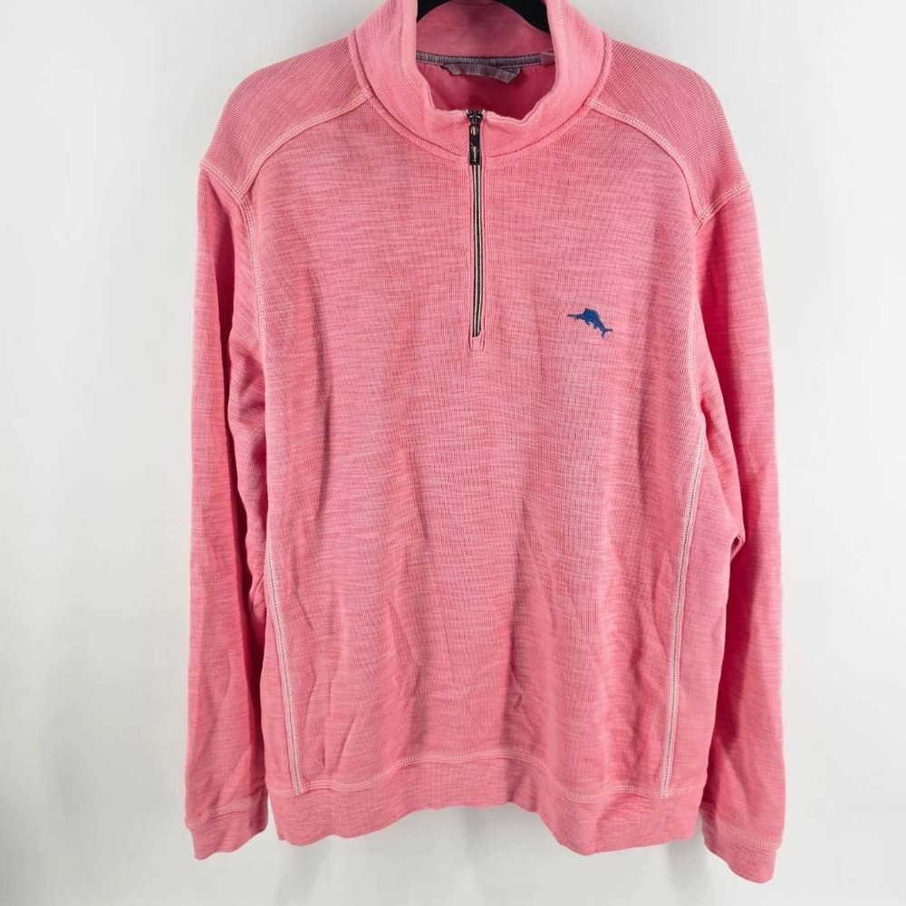 Tommy Bahama Pullover Mens Large Pink Quarter Zip Slub Knit Cotton Blend
